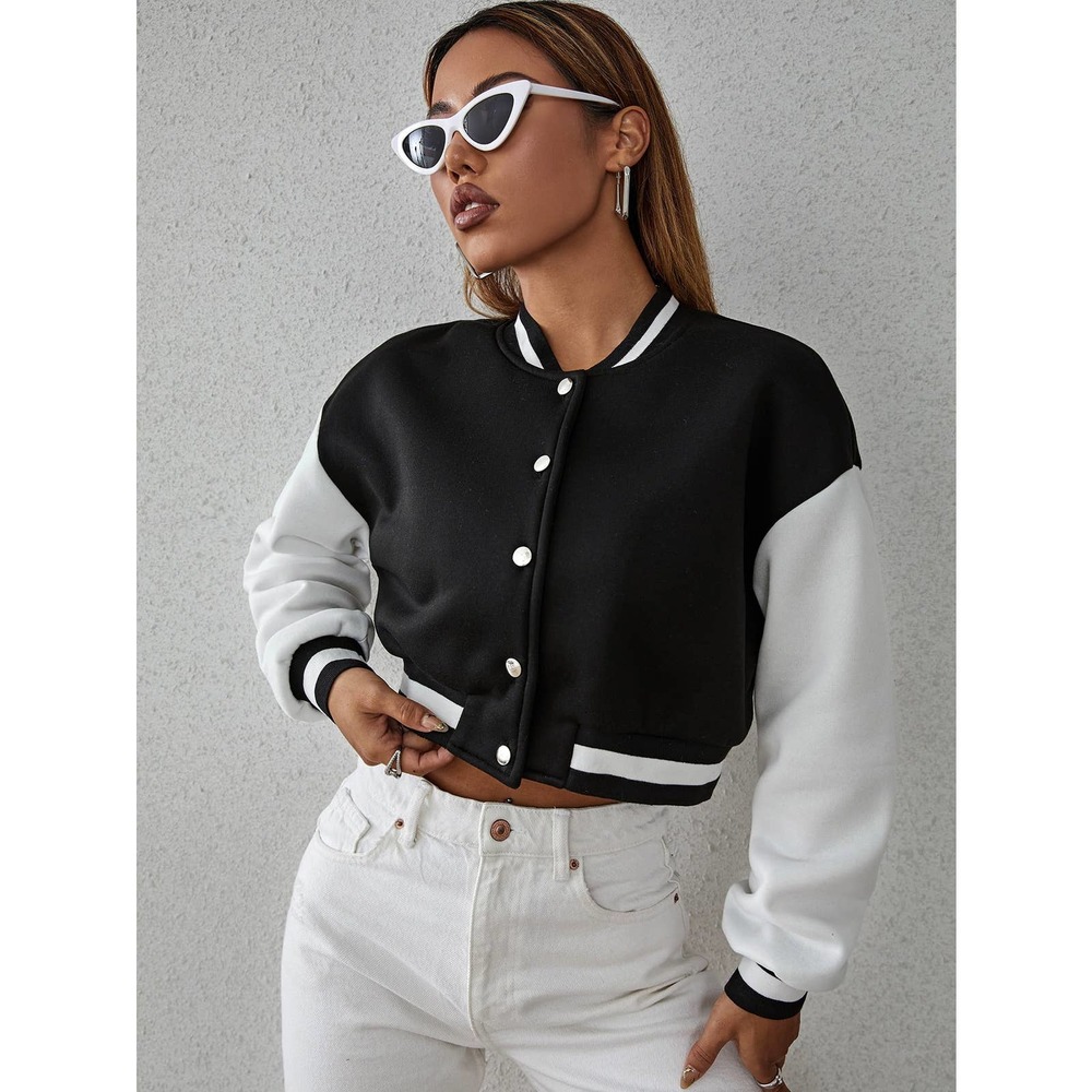 Drop Shoulder Two Tone Crop Bomber Jacket preppy black white - Picture 6 of 11